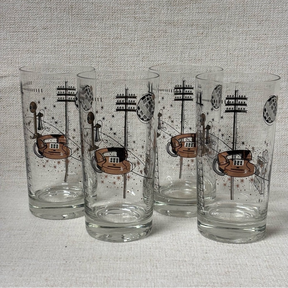 Lot (4) Vintage Mid-century Modern Highball Telephone Communications Glasses - Picture 1 of 6